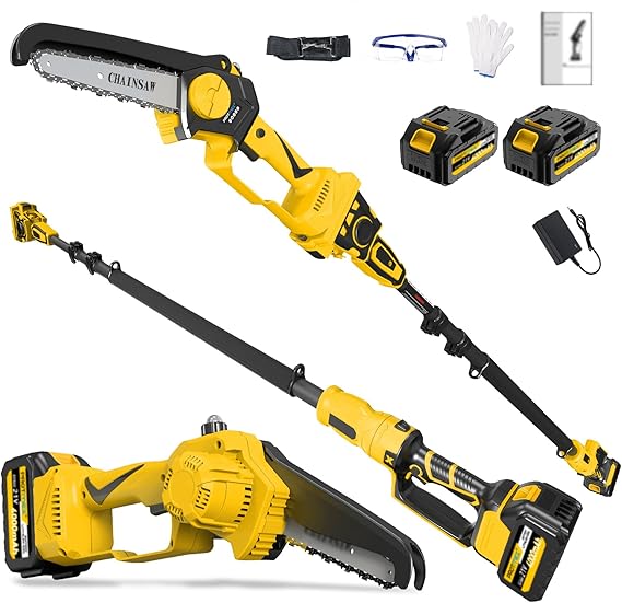 2-in-1 Cordless Pole Saw 8 Inch&Mini Chainsaw, with 2×4.0Ah 21V Battery and Charger, Brushless Motor, Total Reach of Max 15ft, Electric Pole Saw for Tree Trimming,Yellow