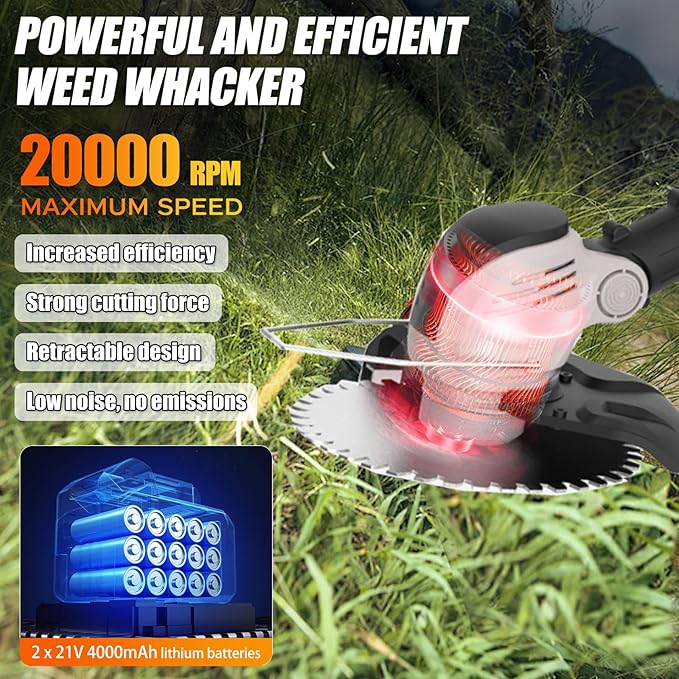 Electric Weed Wacker Eater Cordless String Trimmer Battery Powered, 21V/4000mAh Grass Trimmer Battery Operated Brush Cutter, 3 in 1 Lightweight Weed Trimmer/Lawn Edger/Trimmer Edger for Yard Garden
