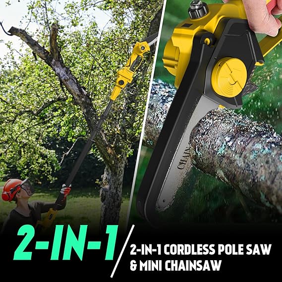 2-in-1 Cordless Pole Saw 8 Inch＆Mini Chainsaw, with 2×4.0Ah 21V Battery and Charger, Brushless Motor, Total Reach of Max 15ft, Electric Pole Saw for Tree Trimming,Yellow